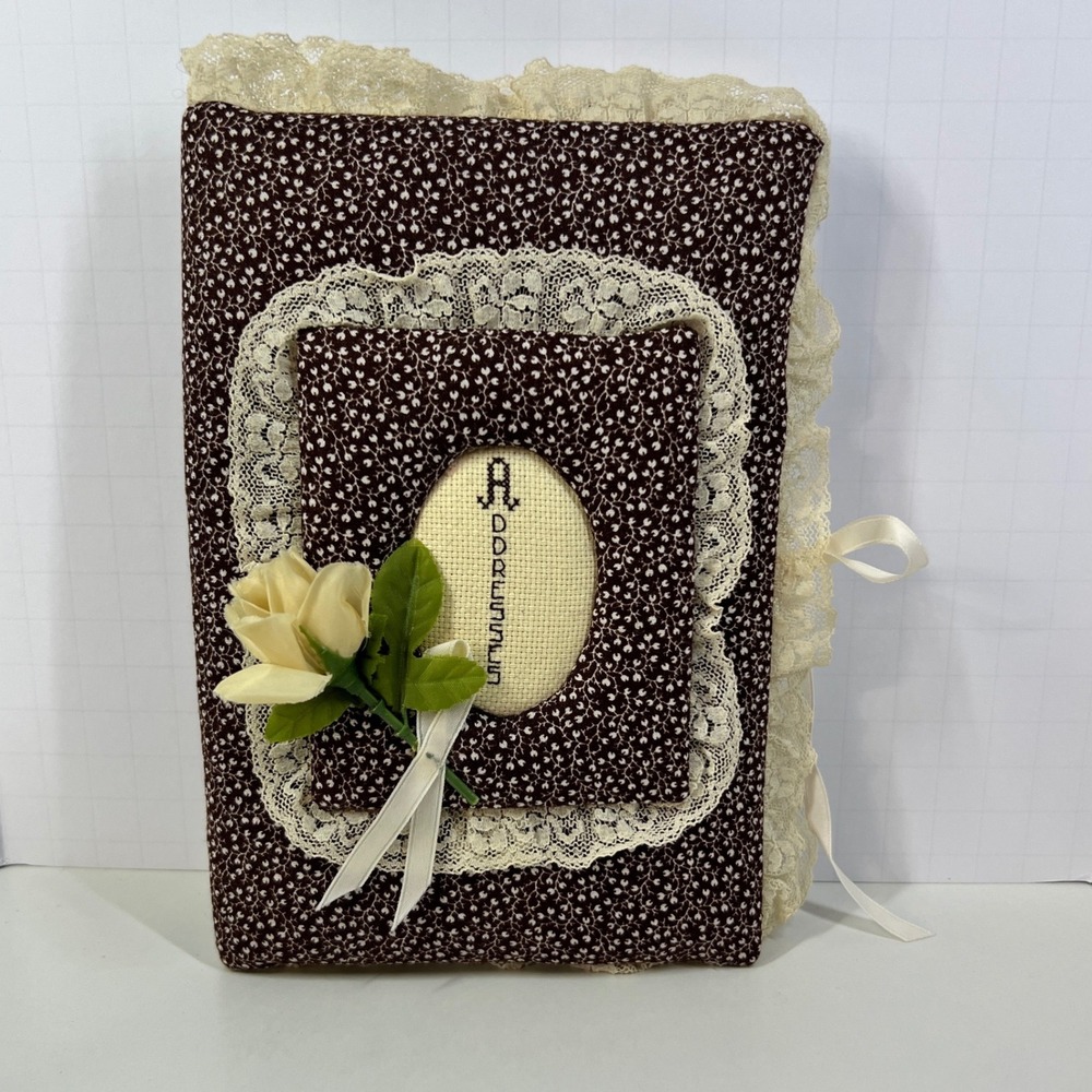 Vintage Dynamic Address Book Brown Calico Floral Lace Cottagecore Ribbon Tie